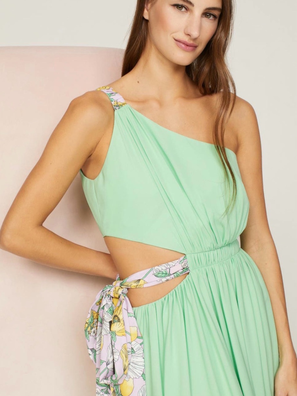 AMUR One-Shoulder Mint Green Cutout Maxi with Floral Sash - Picture 4 of 4